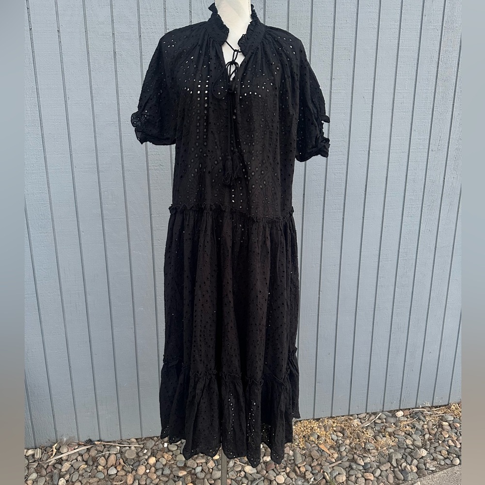 Black Eyelet Flounce Midi Dress - Picture 3 of 16